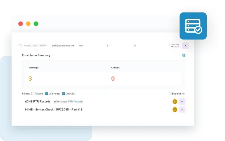 Email server test results, which show three warnings and 0 critical issues.