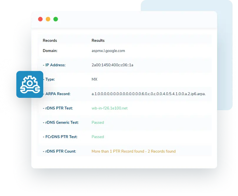 A detailed email domain status report that shows the IP address, type, ARPA, rDNS PTR test, rDNS generic test, FCrDNS PTR test, and rDNS PTR count.