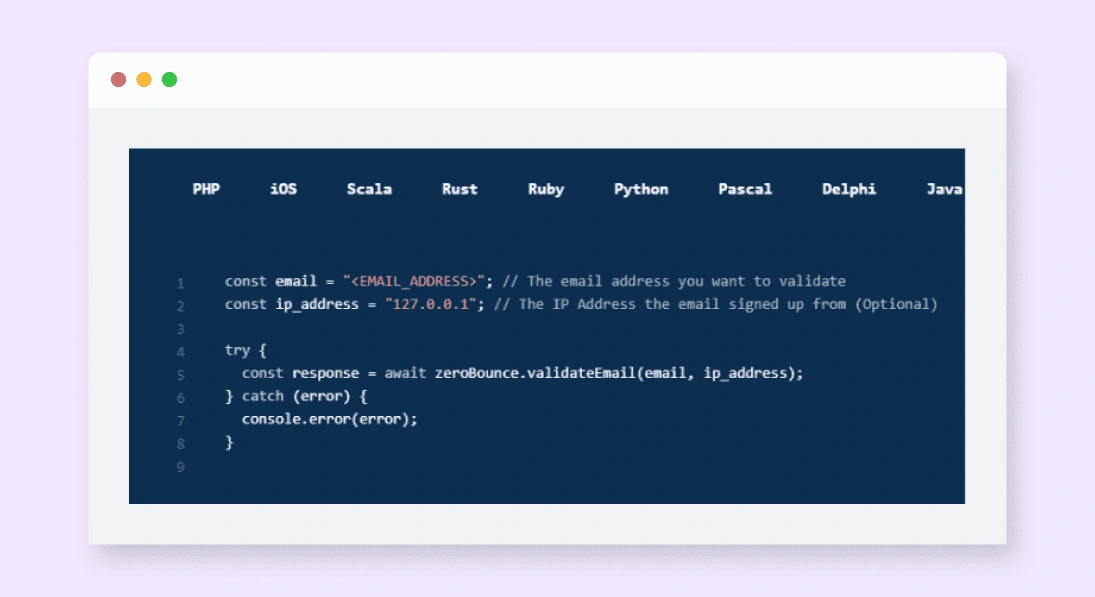 Ejemplo de script para la API de validación de correo electrónico única de ZeroBounce con JavaScript