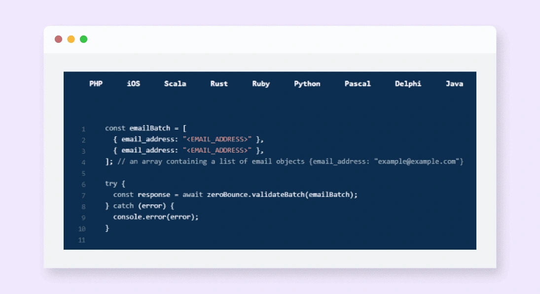 Ejemplo de script para la API de validación de correo electrónico por lotes de ZeroBounce con JavaScript