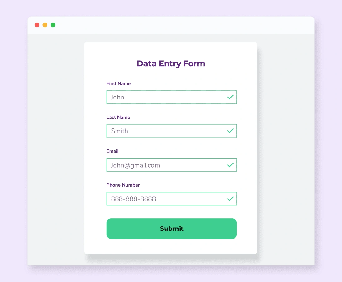 Un formulario de entrada de datos con el nombre John Smith, john@gmail.com como correo electrónico y 888-888-8888 como número de teléfono: todos tienen marcas de verificación verdes que confirman que son válidos.