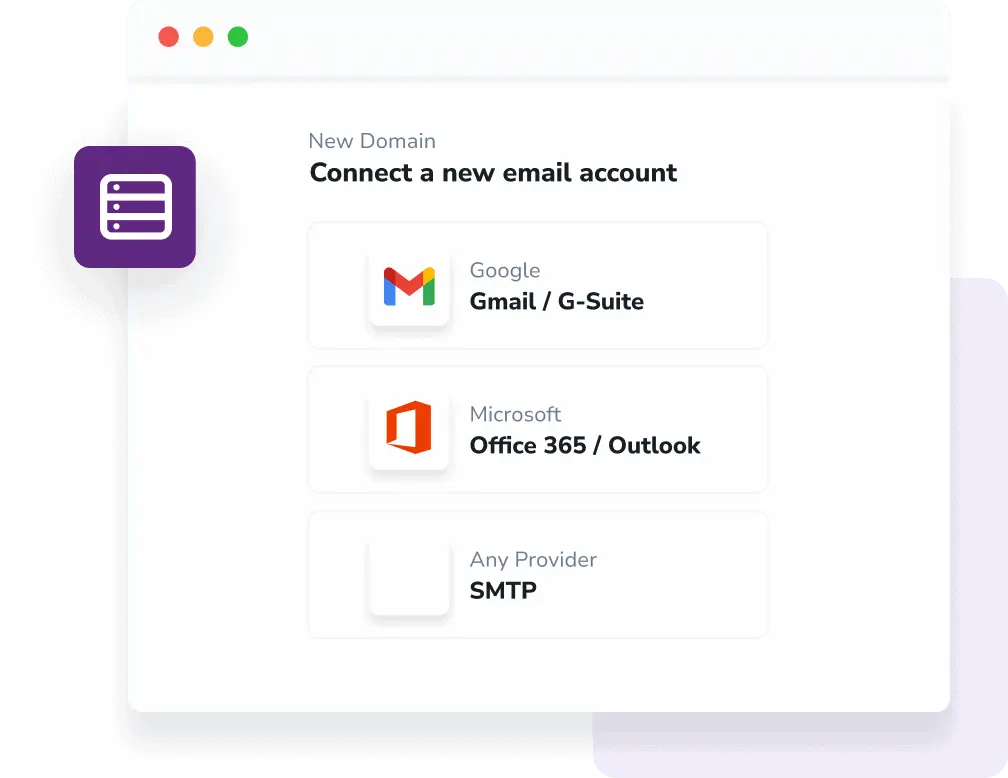 A modal that reads "Connect a new email account" with options for Gmail/G-Suite, Office 365/Outlook, and SMTP.