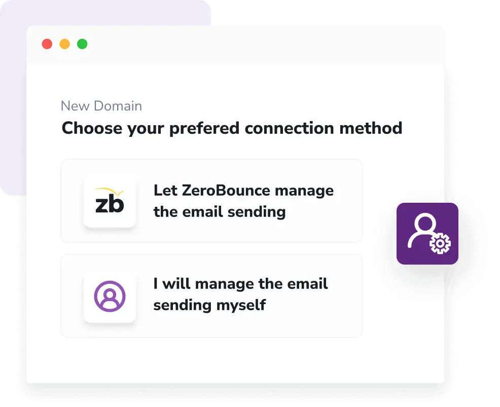 A Warmup setup modal which reads "Choose your preferred connection method" and options for ZeroBounce-managed sending and self-managed sending.