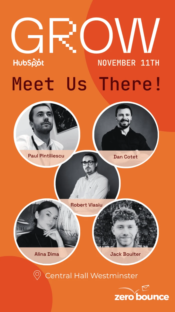 Meet ZeroBounce at HubSpot GROW on November 11th, featuring Paul Pintiliescu, Dan Cotet, Robert Vlasiu, Alina Dima, and Jack Boulter at Central Hall Westminster