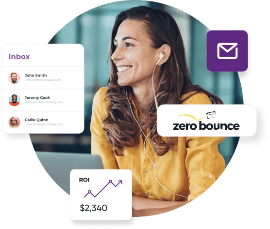 A woman in a yellow top looks to her left and smiles with headphones in her ears next to an email inbox, an ROI graph, and a ZeroBounce logo