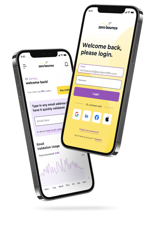 iPhones showing the ZeroBounce iOS app sign in screen and email validator