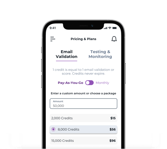 iPhone showing a user updating email validation credits in the ZeroBounce app payment settings