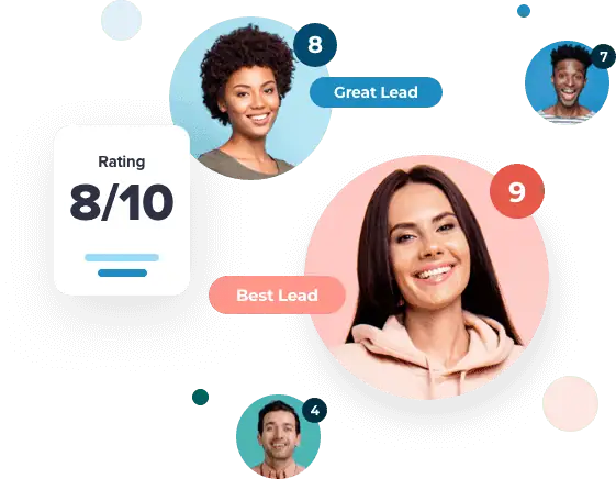 two men and two women with different email scores ranging 4-9 with a box that reads “Rating 8/10”