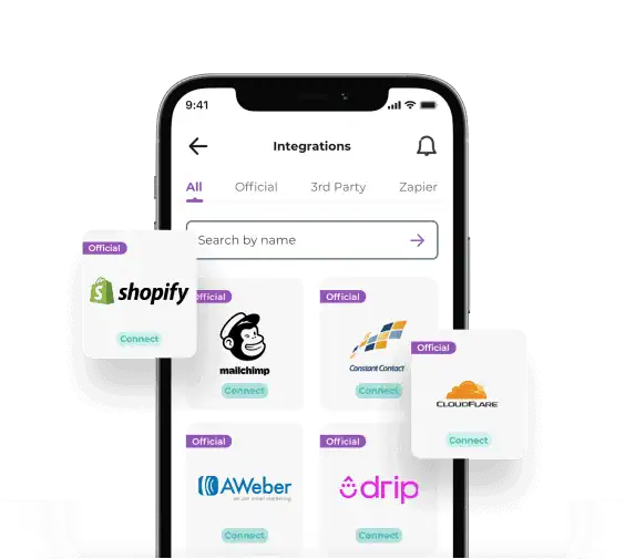 iPhone screen listing different ZeroBounce integrations, including Shopify, Mailchimp, Constant Contact, AWeber, and Drip