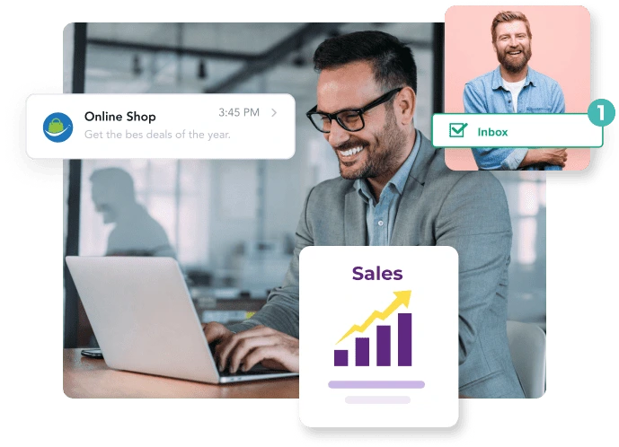 Smiling businessman typing on his laptop. He’s surrounded by an email for his online shop that goes to another smiling man’s inbox, which then travels to a sales bar graph going upward.