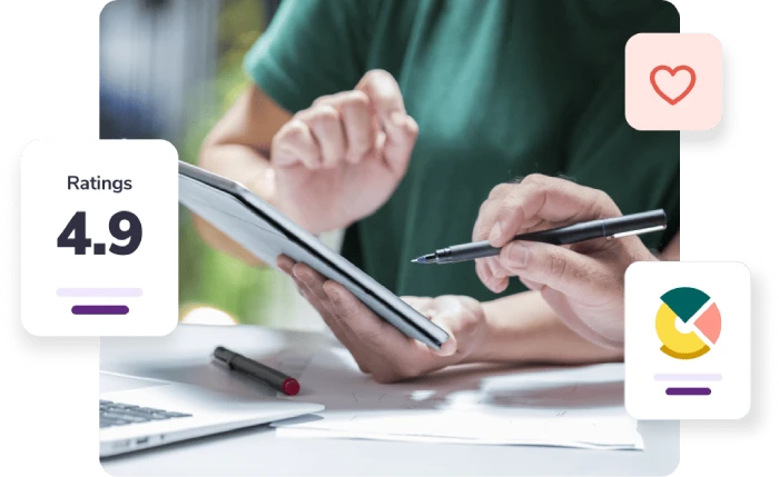 Hands holding a tablet while another hand holding a stylus reaches out next to a 4.9 rating and a graph