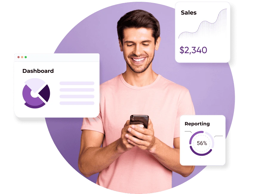 A man in a pink t-shirt looks down at his phone and see his dashboard, sales reporting for affiliates, and a generic graph that reads 56%.
