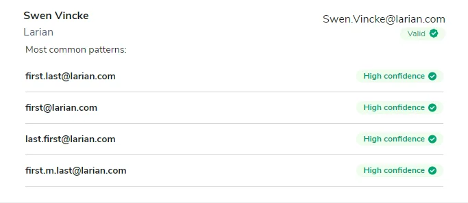 Resultados de una búsqueda basada en el nombre que muestra una dirección válida para Swen Vincke: swen.vincke@larian.com.
