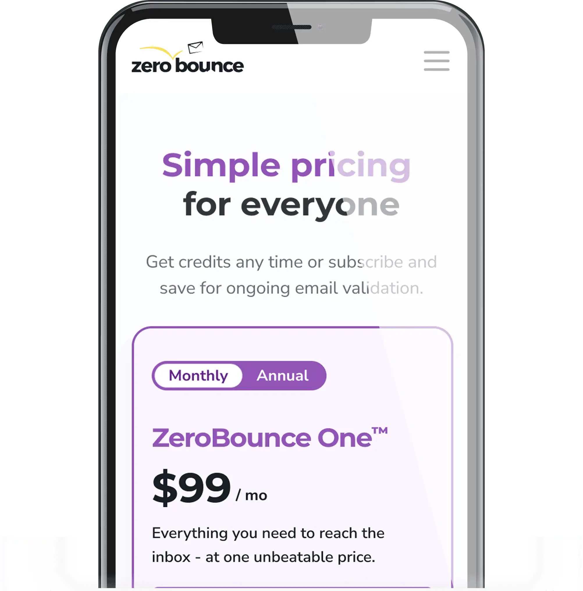 iPhone que muestra a un usuario actualizando los créditos de validación de correo electrónico en la configuración de pago de la aplicación ZeroBounce
