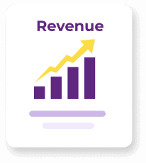 A woman in a white shirt with black stripes looks at a tablet and a rising bar graph titled ‘Revenue.’