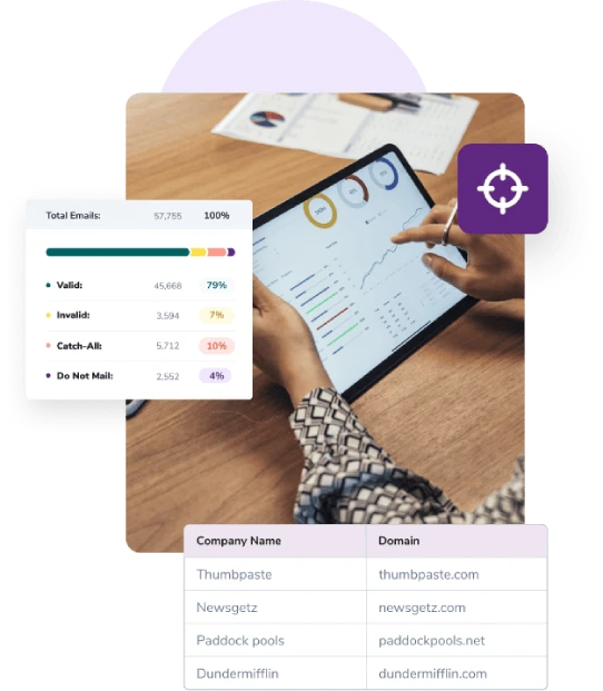 Close up of woman holding a tablet that shows an email validation report and email finder results