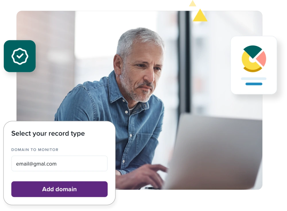 Older man begins his domain authentication to use the DMARC analysis tool from his computer