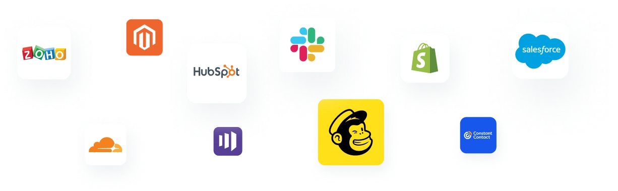 A variety of company logos representing ZeroBounce integrations, including Zoho, HubSpot, Slack, Mailchimp, Cloudflare, Salesforce, Shopify, and Constant Contact.