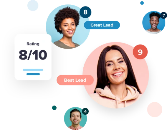 Various headshots of men and women representing email address contacts that are rated with Email Scoring numbers from 1-10 with tags like 'Great Lead' and 'Best Lead.'