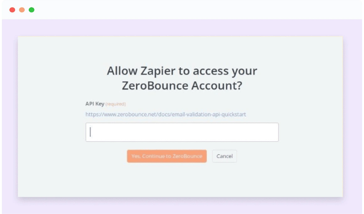 A Zapier authorization screen that grants the platform access to your ZeroBounce account.