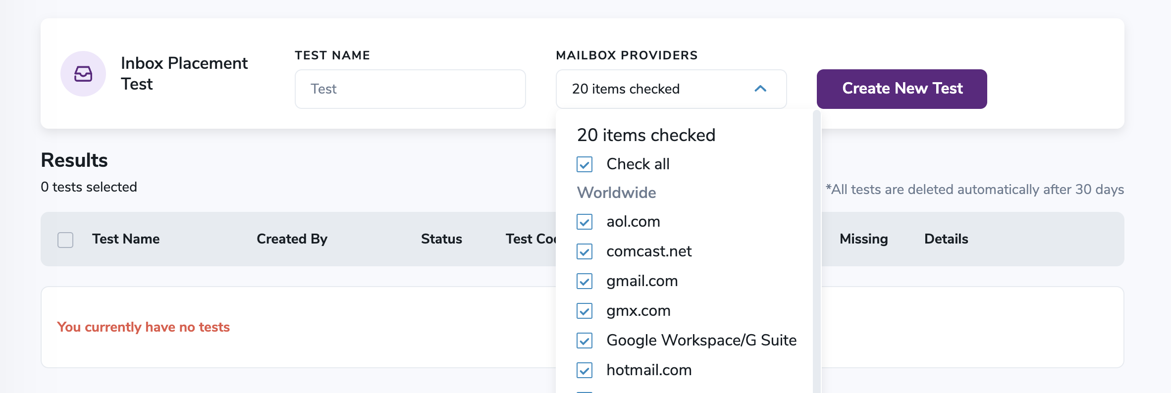A ZeroBounce inbox placement test that shows all mailbox providers checked.