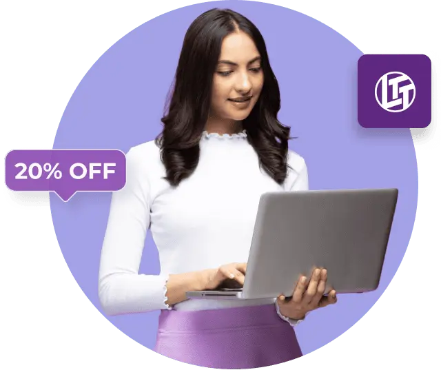 A woman in a white top and purple pants holds a laptop next to the Linus Tech Tips logo and a 20% off speech bubble.