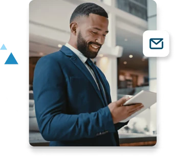 A suited businessman watches the ZeroBounce Litmus 3P Flow webinar from his tablet device