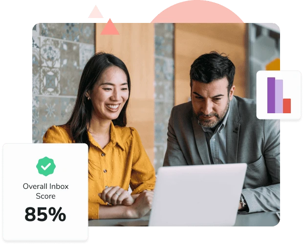 A woman in a yellow shirt looks at a laptop with her male coworker and sees an Overall Inbox Score of 85%.