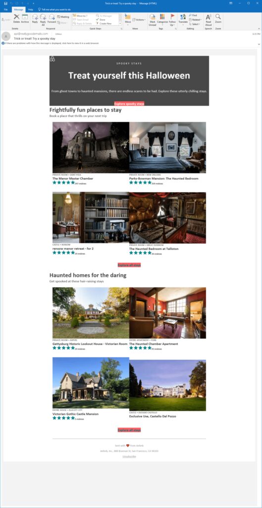 Email campaign from Airbnb depicting spooky travel destinations for Halloween