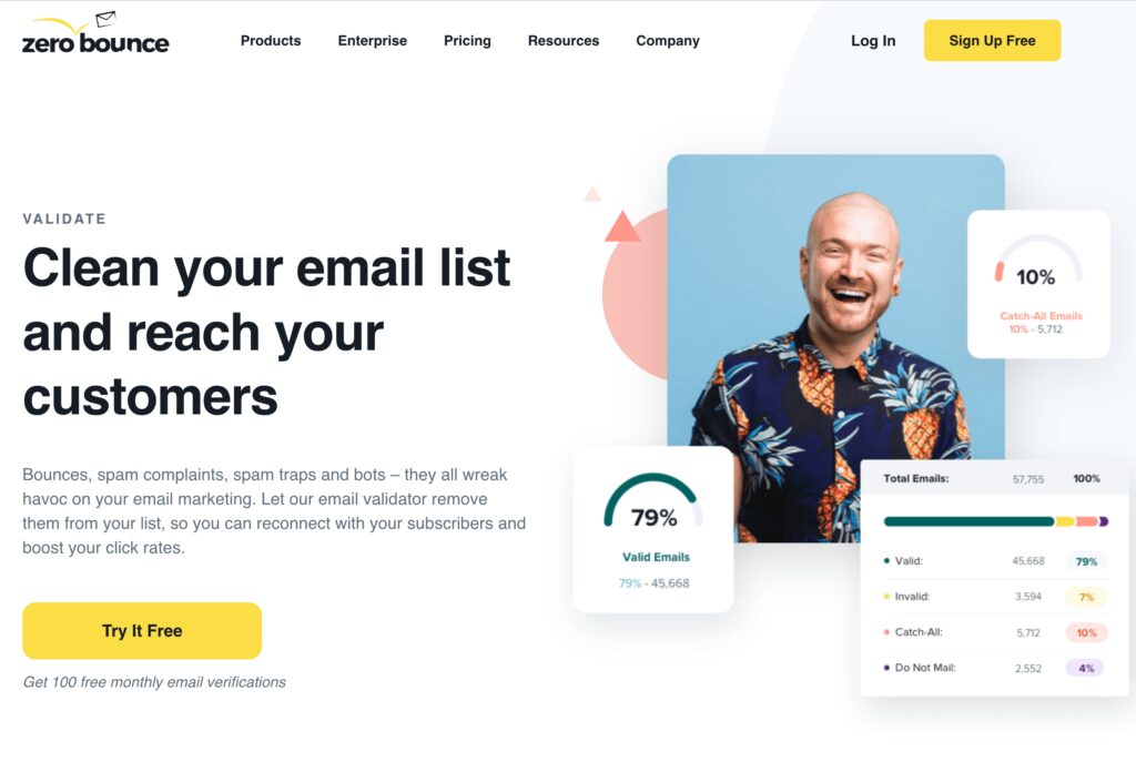 Man with shaved head and Hawaiian shirt smiles joyously after sending prospecting emails using a validated email list.