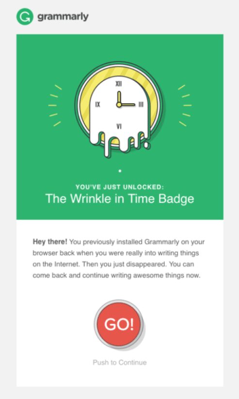 Re-engagement email from Grammarly shows green box with a clock that appears as a ghost dripping.