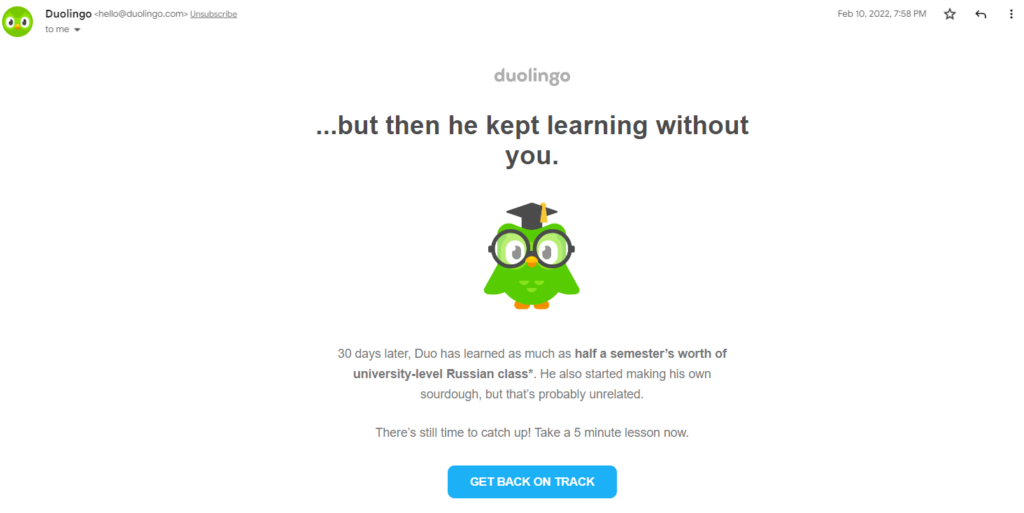 Email from Duolingo shows green owl with spectacles and graduation cap on a white background.