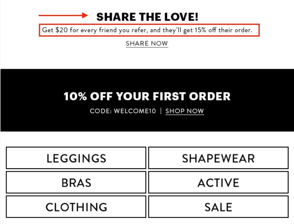Example example from Spanx using black elements on white background offering 10% off first order to nurture prospects via email 