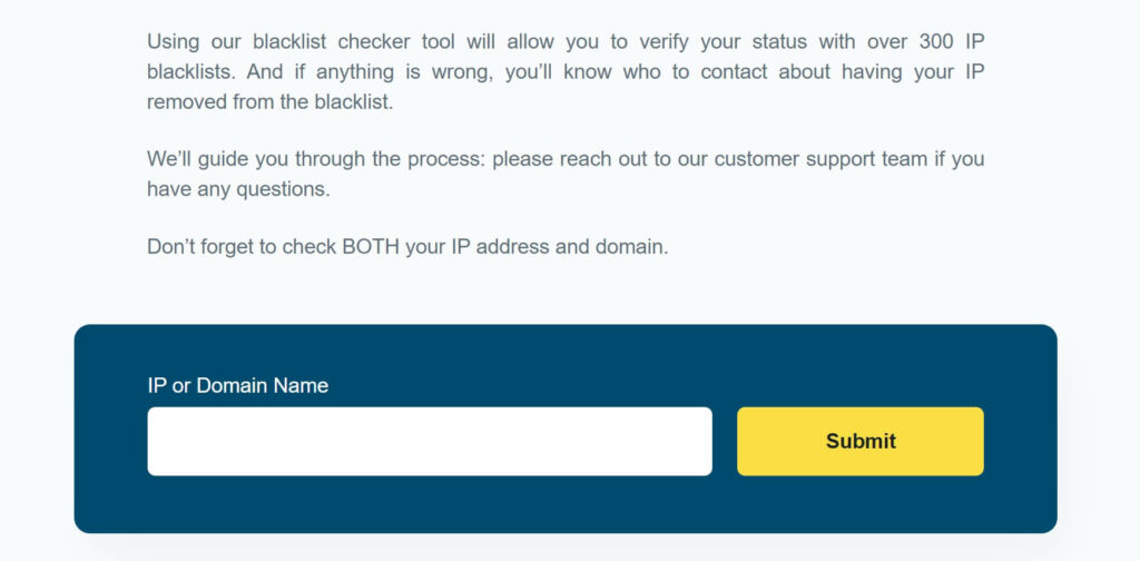 screenshot of the zerobounce email blacklist checker using dark blue and yellow elements on light gray background