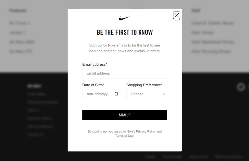 subscribe to nike screenshot to illustrate email list growth initiatives