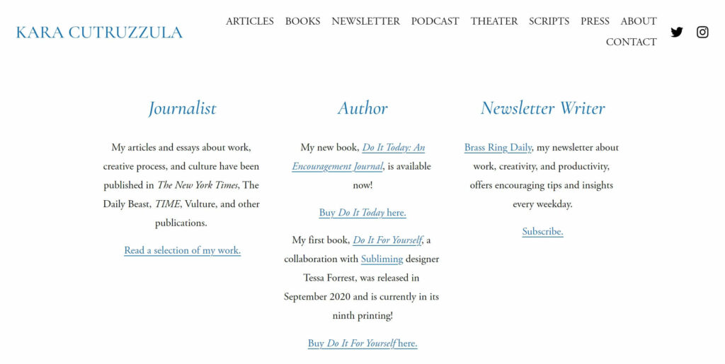 subscribe email newsletter example from writer kara cutruzzula's website