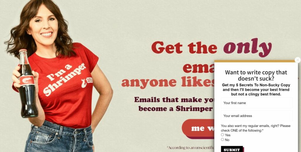 copywriter laura belgray of talking shrimp in red tshirt holding a beverage promoting free copywriting ebook 