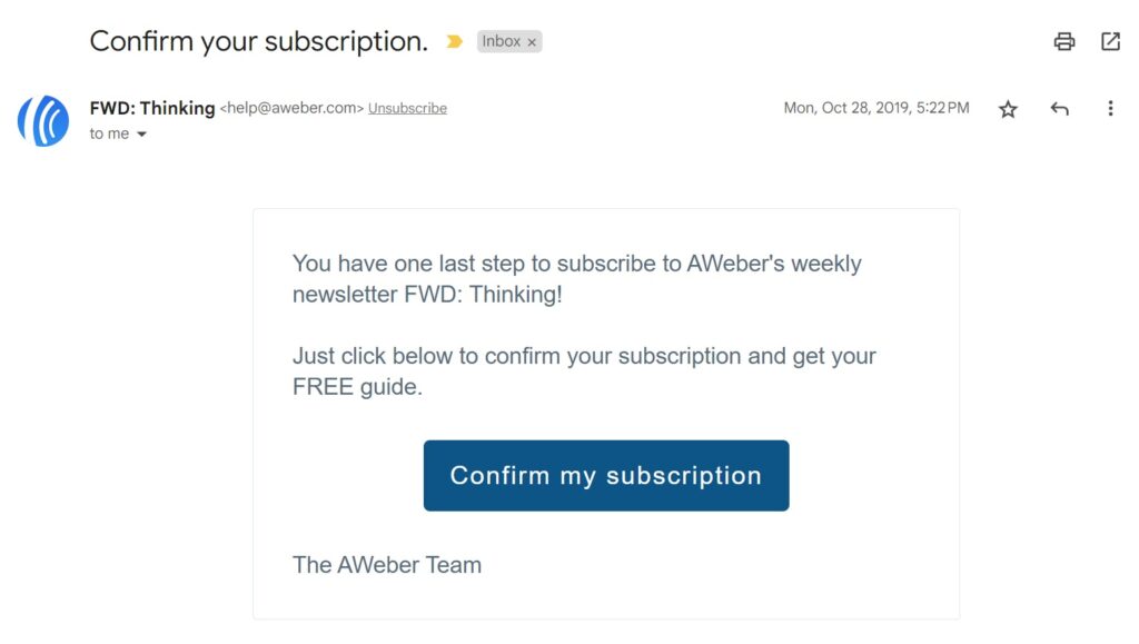 example of aweber confirmation email illustrating how to implement double optin subscription to email newsletters