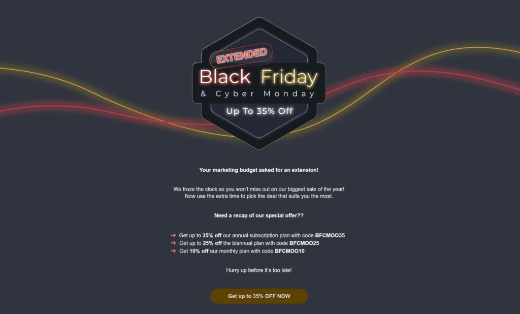 screenshot of a legitimate marketing email using spam trigger words in black friday offer