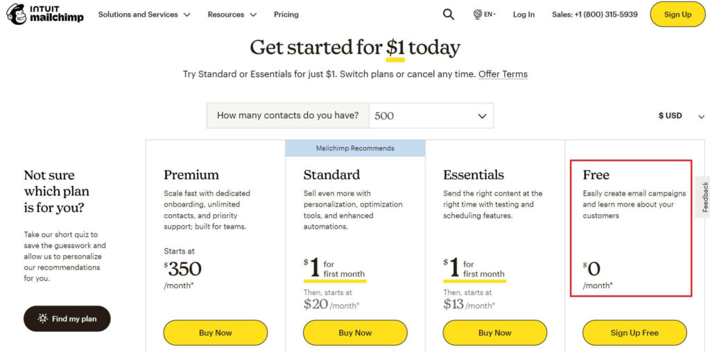 screenshot of email marketing platform mailchimp pricing offering free trial for starting an email newsletter