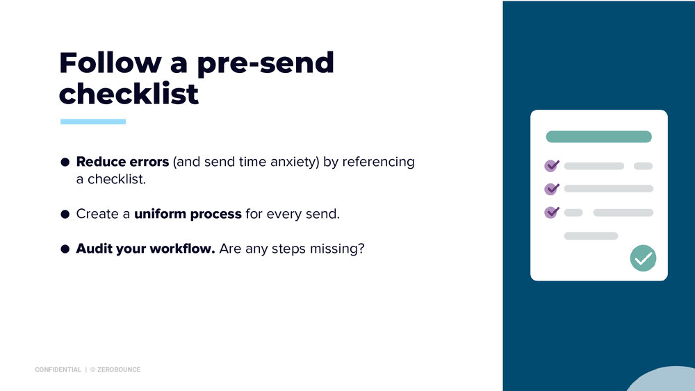 Illustrated checklist along with reminder to follow a pre-send checklist in order to reduce errors and create a uniform process for every send.