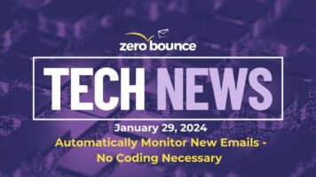 Tech news announcing ZeroBounce's call to update your account with 2FA among purple shape elements.
