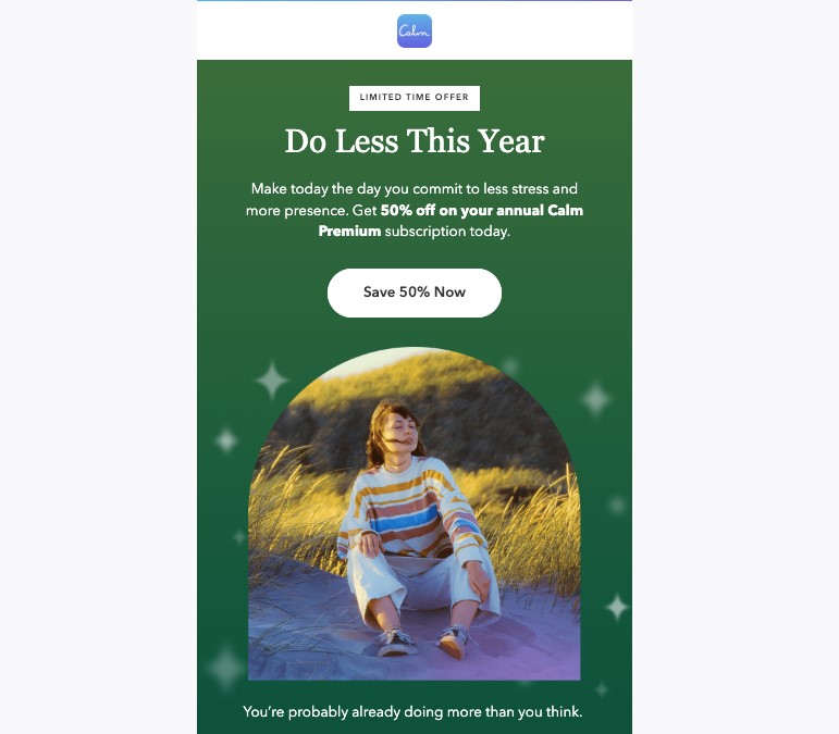 example of message from calm app with picture of young woman in nature on green background