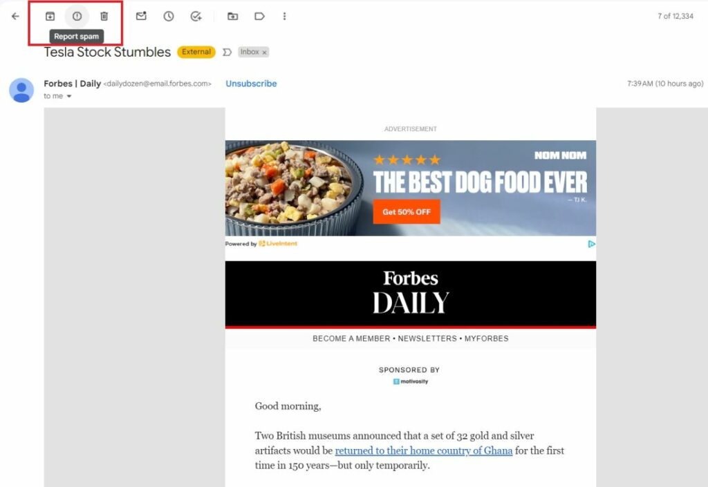 Screenshot of email from Forbes Daily shows the report spam button highlighted.