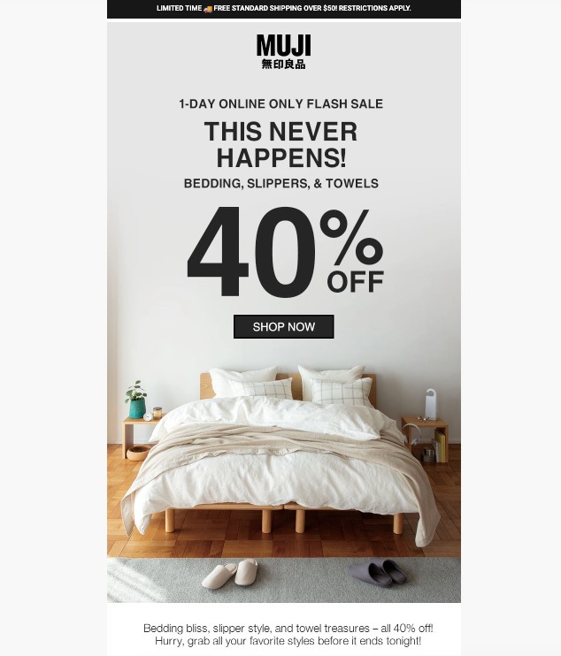 email example from muji illustrating how companies can create a better email branding strategy