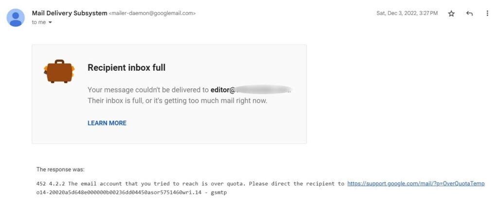 Screenshot of bounced email message indicating that the mailbox is full.