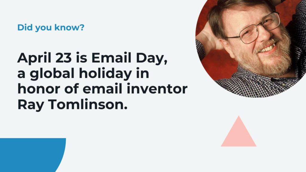 Picture of email creator Ray Tomlinson on light grey background with text referring to Email Day, April 23