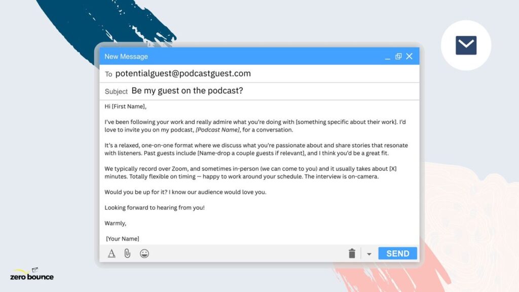 Screenshot of casual email with a podcast guest pitch among pastel shape elements.
