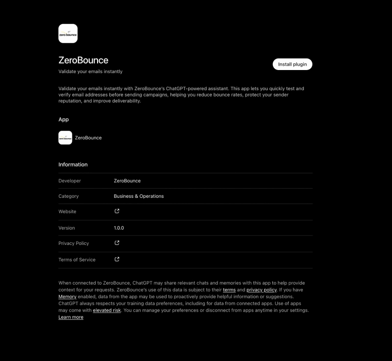 Figure 2. Review the ZeroBounce listing and select Install plugin.