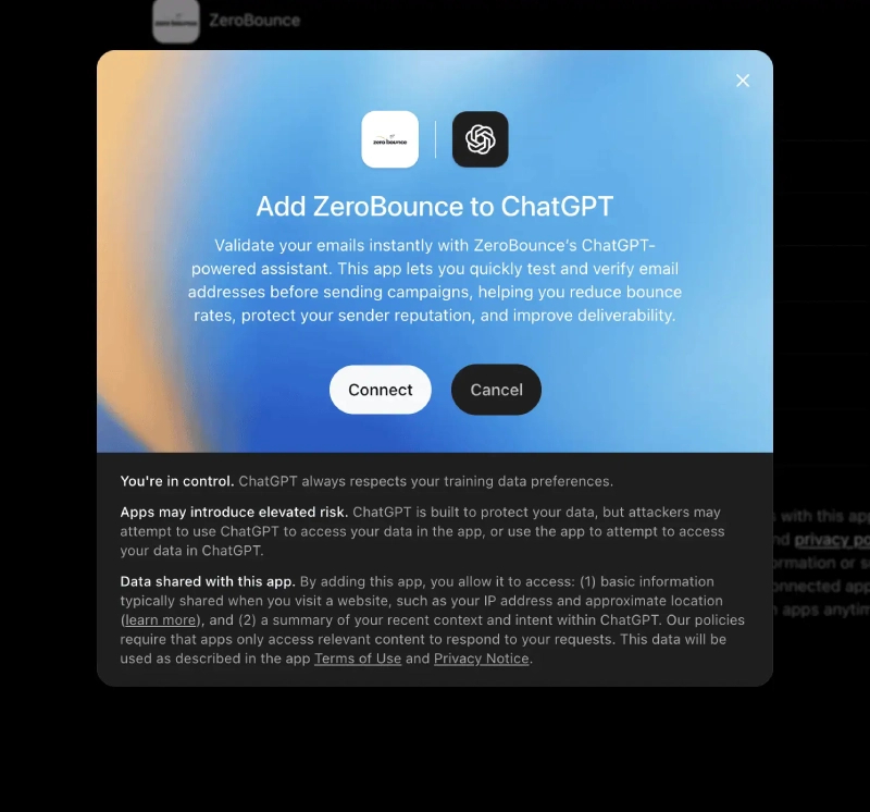 Figure 3. Review the connection and data-sharing notice before connecting.